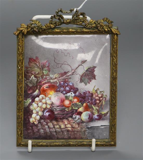 An early 19th century enamel plaque decorated with a still life of fruit 11.5 x 9.5cm